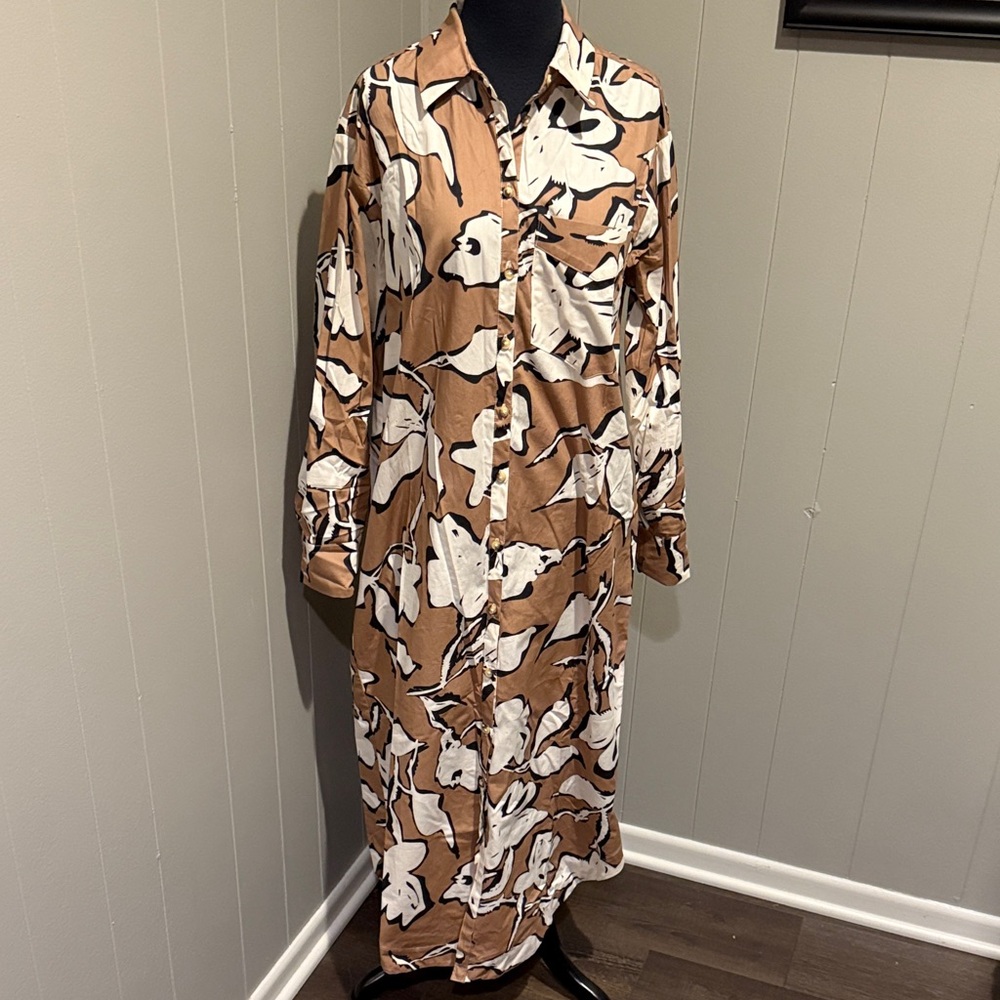 B19 Anthropologie Maeve Brown and White Floral Long Sleeve Button Down Dress